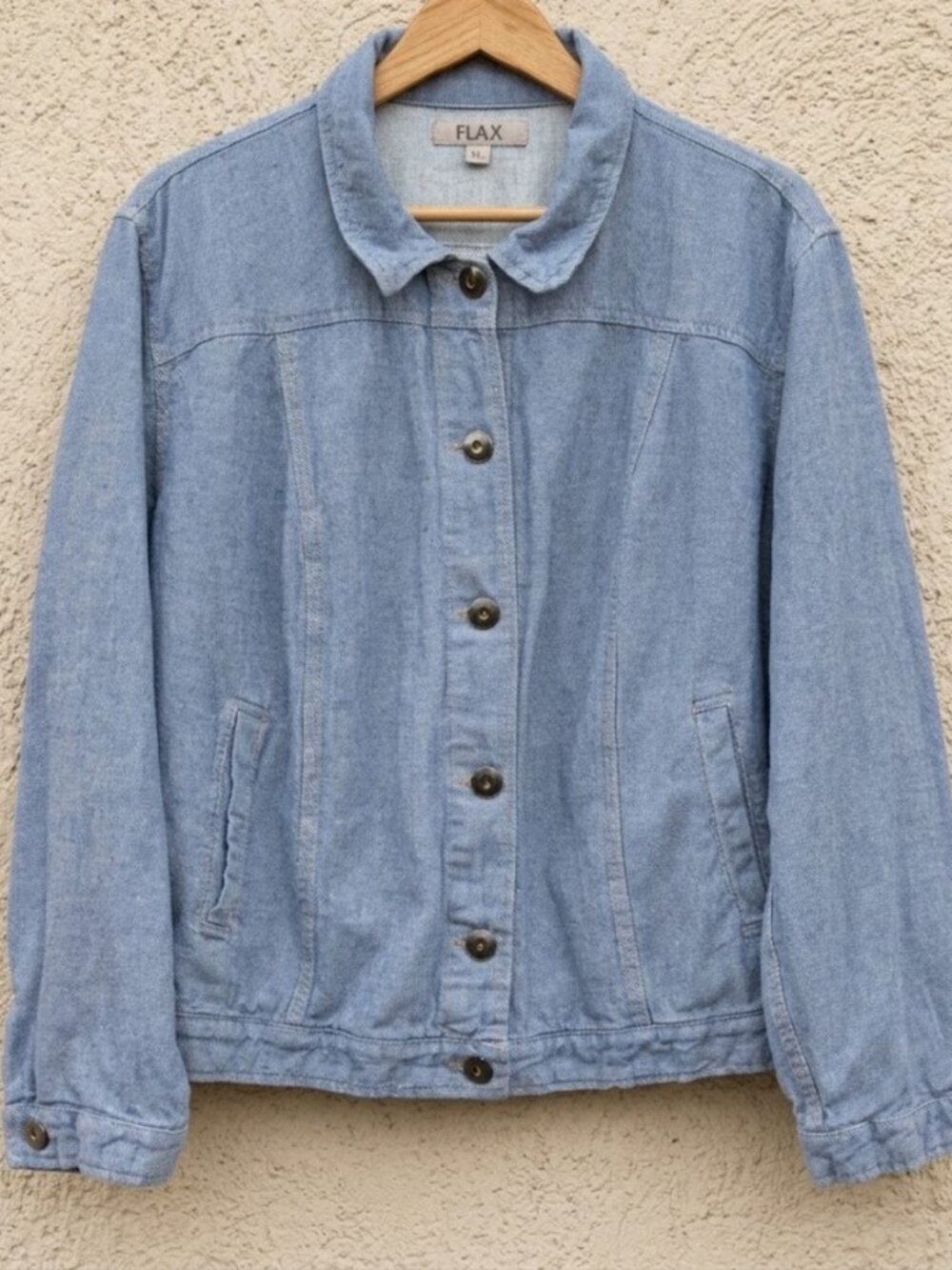FLAX XL Jean Shirt Jacket Denim Linen Cotton Button Pockets Blue Long Sleeve